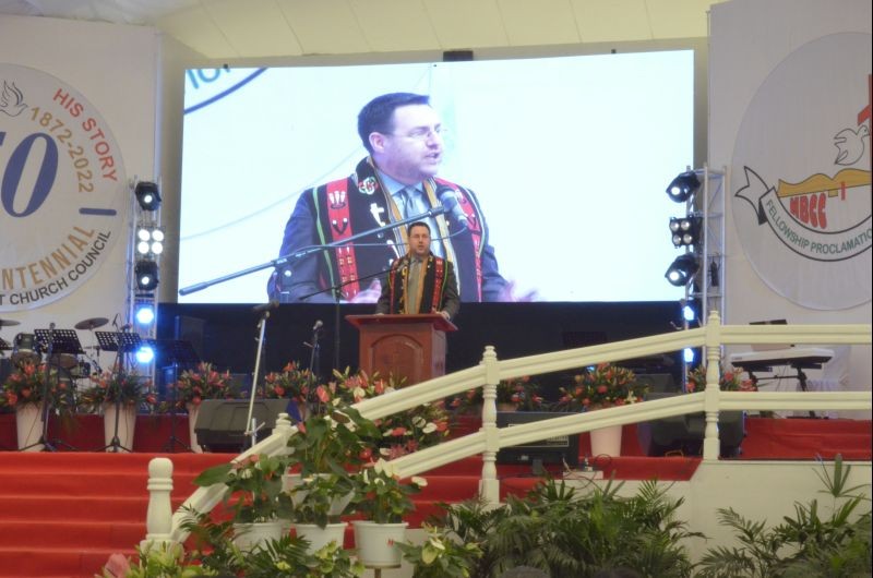 Prof Alongla P Aier and Rev Dr Elijah M Brown speaking during the NBCC Sequicentennial on November 20 in Kohima. (Morung Photo)